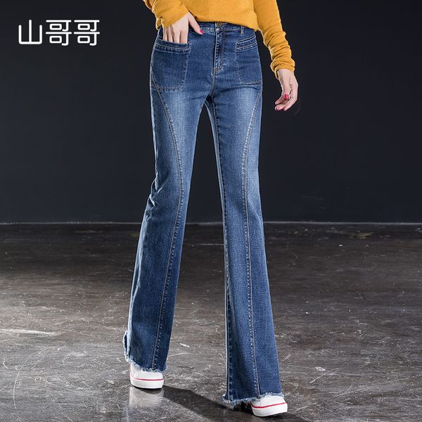 

women flared wide leg jeans high waist soft long pants spring autumn ing, Blue