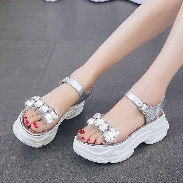 

sandals 6 cm high platform women luxurious rhinestone summer shoes 2021 fashion open toe thick sole sport, Black