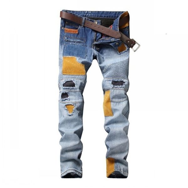 

ripped jeans european american designer men jeans spliced patchwork pants punk blue straight moto biker jeans