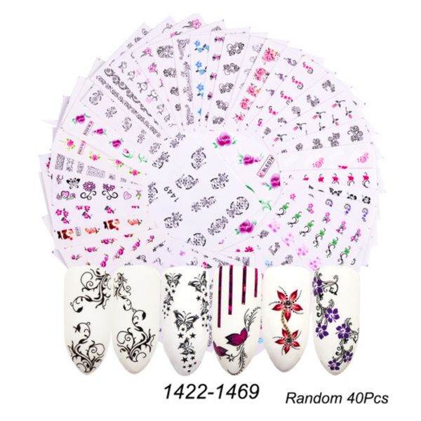 

addfavor 40pcs nail stickers set flower floral water transfer decals for nail art manicure foils decoration sliders sticker, Black