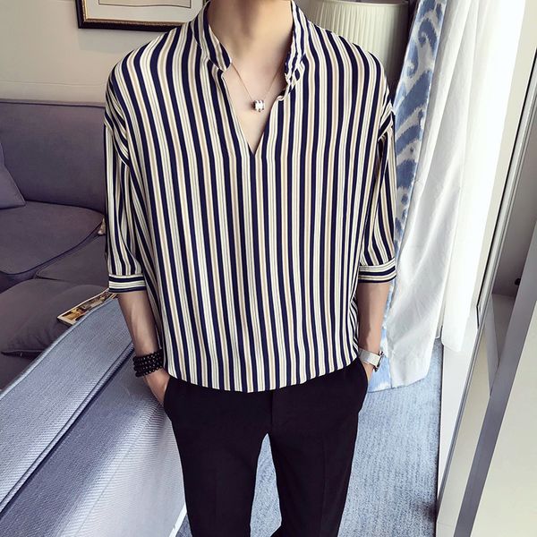 

summer new social men's short-sleeved shirt stripes printed slim fit casual fashion male clothes british style dress shirt man, White;black
