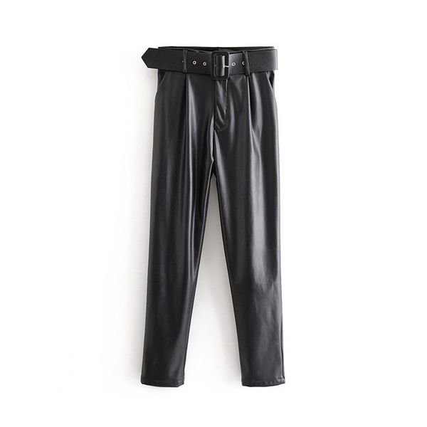 

women chic black pu faux leather pants fashion high waist pockets ladies office trousers with belt casual pleated pants bottoms, Black;white