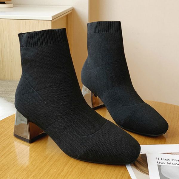 

black stretch knitting sock boots for women slim female ankle boots 2020 spring block metal heel booties ladies shoes p369