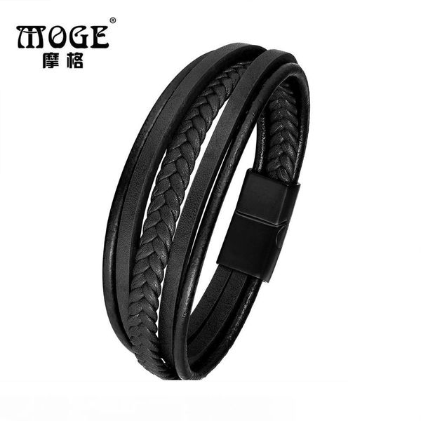 

moge trendy genuine leather bracelet men stainless steel bracelets multilayer braided rope chain bracelets for male jewelry, Golden;silver