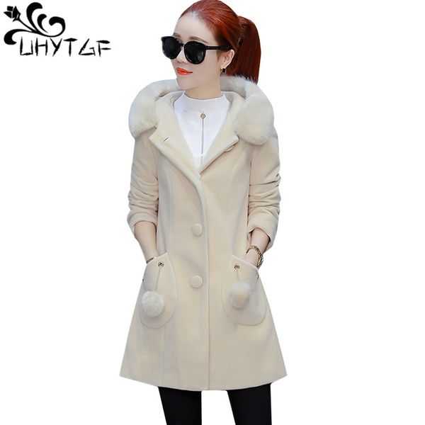 

uhytgf 2019 casual woman autumn outerwear fashion fur collar hooded wool jacket medium long slim female windbreaker coat 219, Black