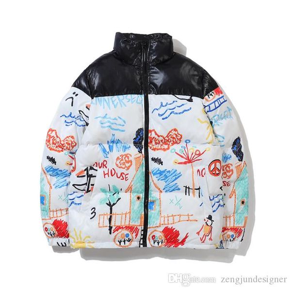

мужская зима дизайнер вниз граффити печать с длинным рукавом стенд воротник мода стиль homme одежда повседневная одежда, Black
