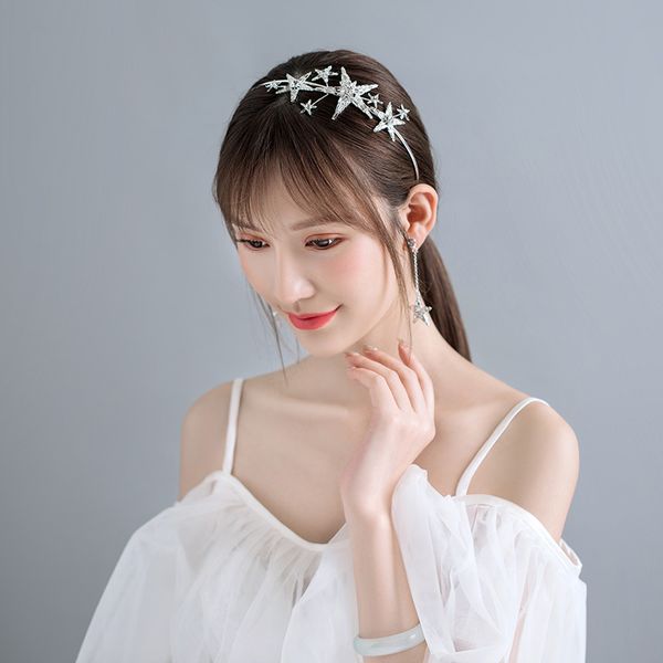 

sparkly rhinestone stars headband hair jewelry wedding bridal headdress with drop clip on earrings princess headpiece accessory, Slivery;golden