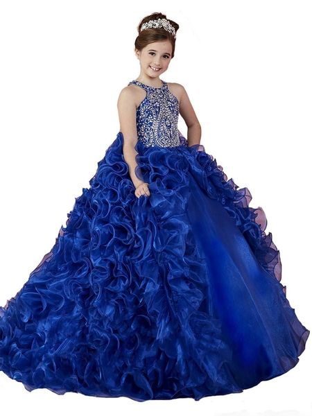 Prenses Kraliyet Mavi Kızlar Pageant Organza Fırfır Kristal Boncuklar Kolsuz Balo Koyukları Çocuk Partisi Düğün Çiçek Kız Elbiseleri
