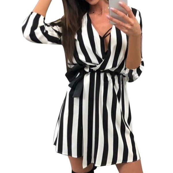

women v-neck striped tunic shirt dress summer black white striped beach mini dress 2018 fashion loose sundress vestidos, Black;gray