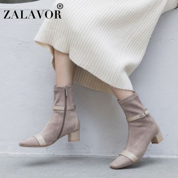 

rizabina winter short boots for women fashion buckle simple zipper shoes women warm square toe solid color footwear size 34-40, Black