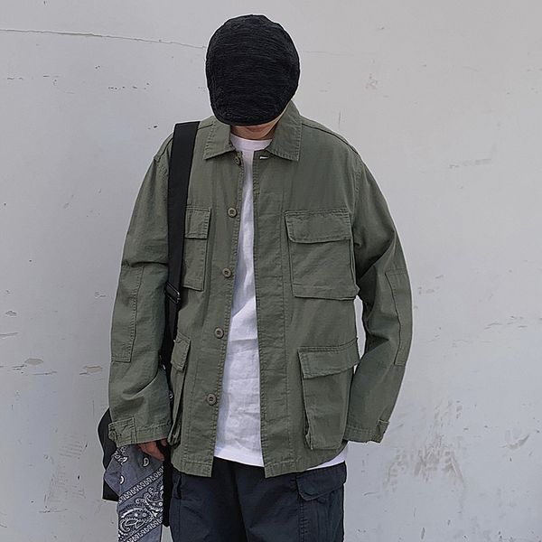 

2019 autumn and winter solid color loose japanese new trend single-breasted casual tooling jacket black / green m-2xl, Black;brown