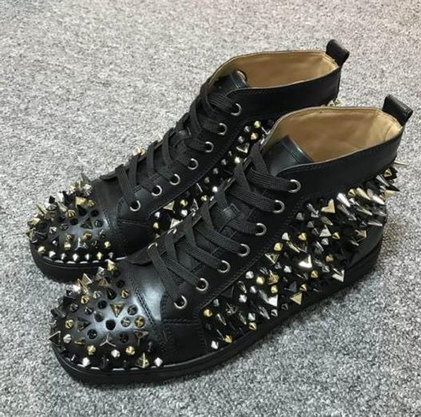 

2019 designer fashion red bottoms shoes studded spikes flat sneakers for men women glitter party lovers genuine leather casual sneaker v103, Black