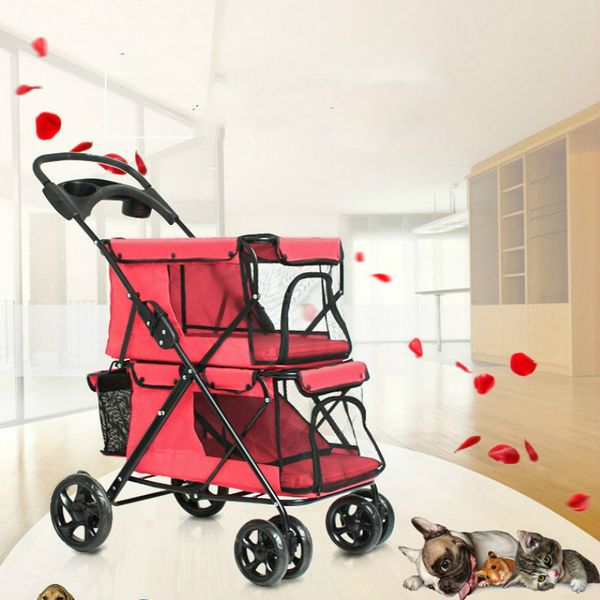 

lightweight folding double pet stroller big dog big space trolley four wheel outdoor travel cage