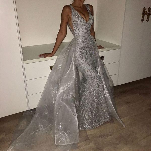 

Sexy Sliver Long Mermaid Prom Dresses 2019 New V Neck Bling Bling Sparkly Detachable Sleeveless Sequined Formal Evening Dress Party Gowns