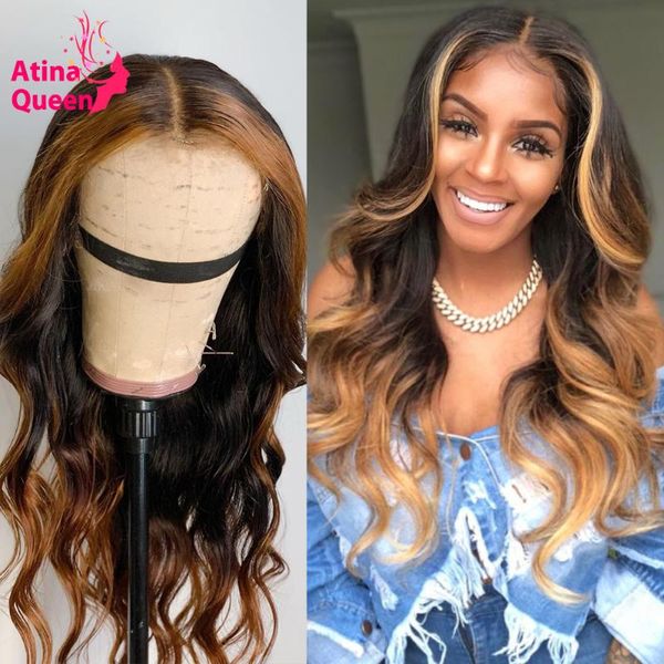 

deep parting 13x6 colored honey blonde lace front wigs body wave highlight wig remy preplucked ombre lace wig for black women, Black;brown