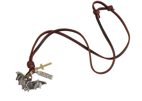 

fashion mens jewelry european and american vintage cowhide necklace wholesale creative bat animal pendant long sweater necklace, Silver
