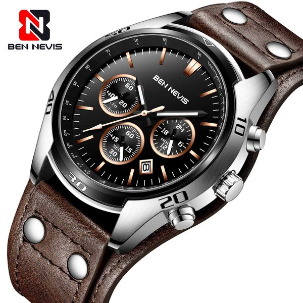 

bennevis sport watch men waterproof outdoor quartz leather watch army male clock relogio masculino a5, Slivery;brown