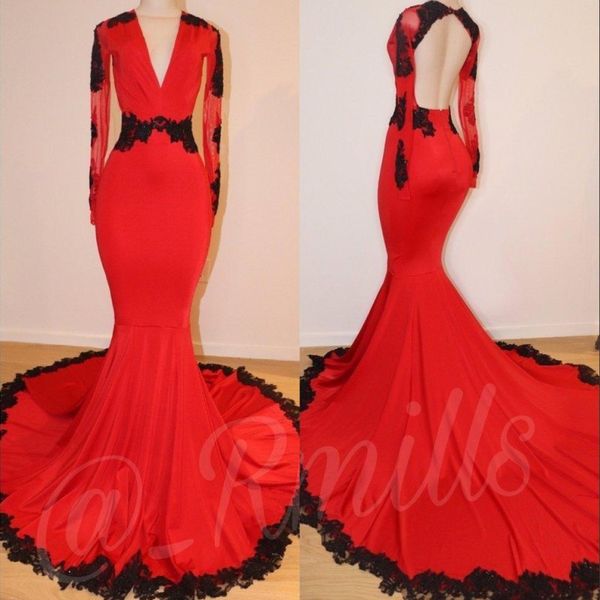 

red prom dresses with black lace appliques deep v neck long sleeves backless mermaid arabic plus size evening dress wear party gowns