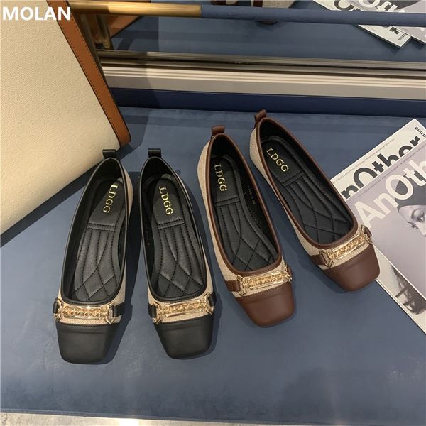 

molan brand designers 2020 spring luxury gold metal chain mix colors soft bottom ballet flats shoes women retro shallow loafers, Black