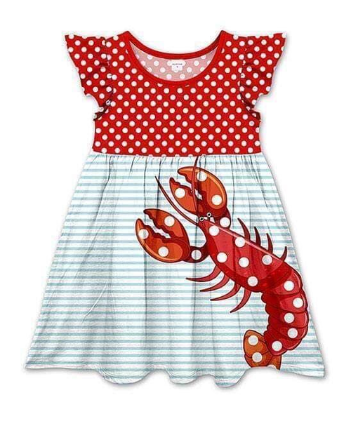 

летнее платье для маленьких девочек flutter sleeve red dot lobster print girls dress, Red;yellow