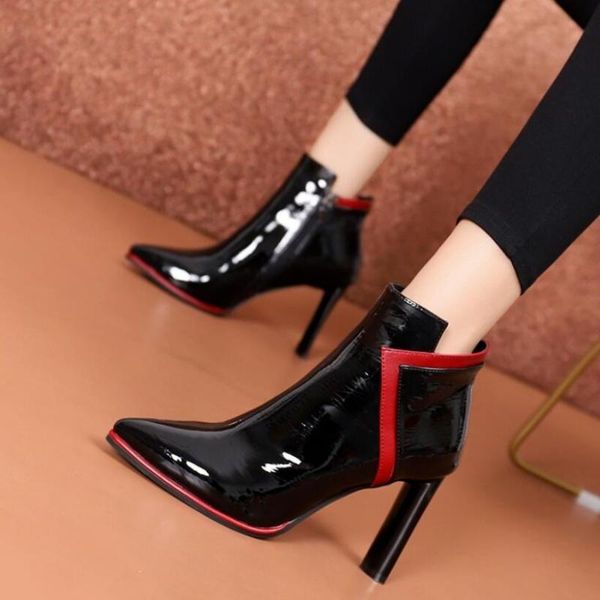 

2019 winter shoes new high heeled ankle boots women's boots pointed toe patent leather thick heel mixed color black beige