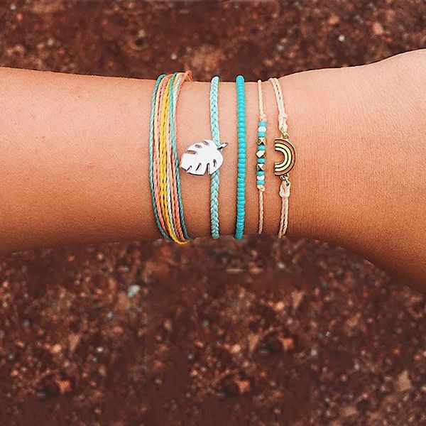 

4 pcs/ set women fashion colorful hand woven leather leaves beads rainbow pendant multilayer bracelet set combination, Golden;silver