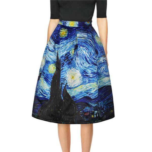 

fashion womens girls printed high waist pleated knee-length skirt size m-l, Black