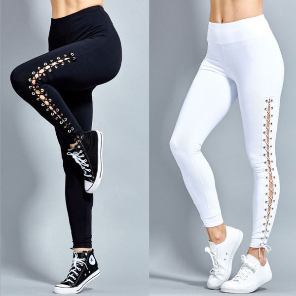 

2018 new women skinny long bandage yoga pants ladies running fitness leggings slim pencil pants solid hollow out long trousers, White;red