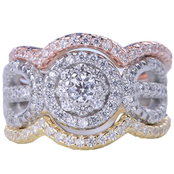 

new luxury sterling 925 silver 3 rounds ring set 3a cz women crystal wedding rings classic engagement rings jewelry wholsale gifts2020, Golden;silver