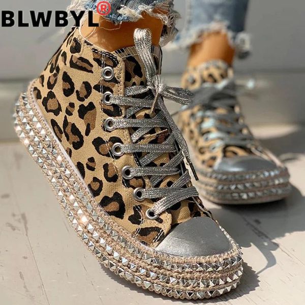 

leopard high sneakers women fashion bordered rivet flats canvas shoes woman autumn platform ladies casual shoes#d6, Black