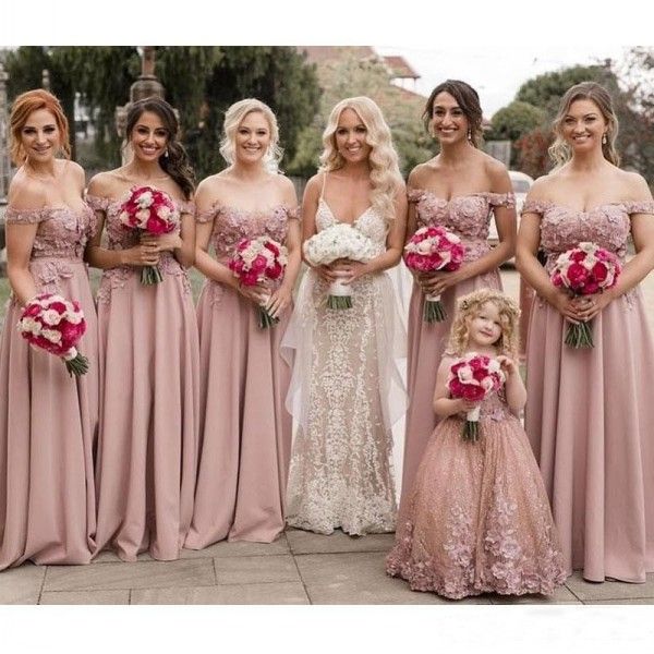 2019 Neuankömmling Country Dusty Pink Brautjungfernkleider Schulterfreier Ausschnitt 3D-Blumenspitze Mieder Chiffonrock Trauzeugin Hochzeitskleid