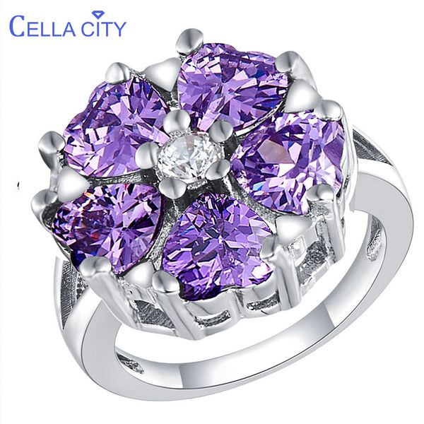 

cellacity delicate simple silver 925 jewelry heart shaped gemstones ring for women amethyst ruby sapphire aquamarine flower gift, Golden;silver