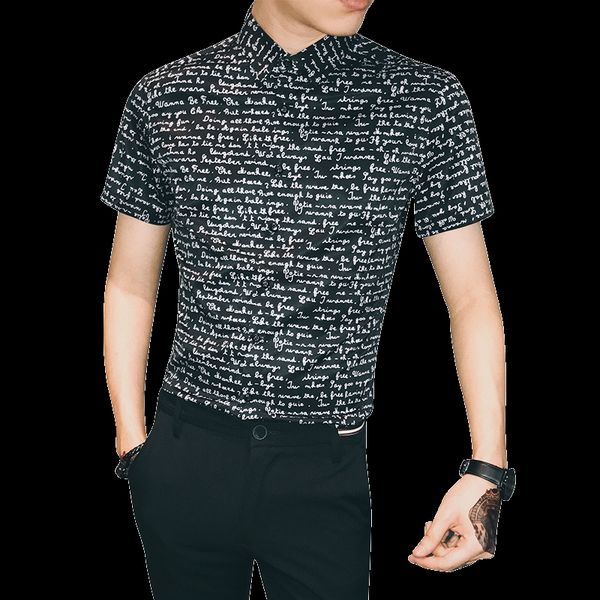 

summer new men's printed shirt business casual short-sleeved slim shirt men's clothing, White;black