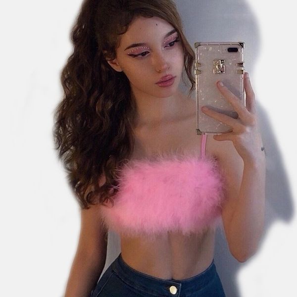 

fashion straps pink feather crop women girls camisole sleeveless party club streetwear camis, White