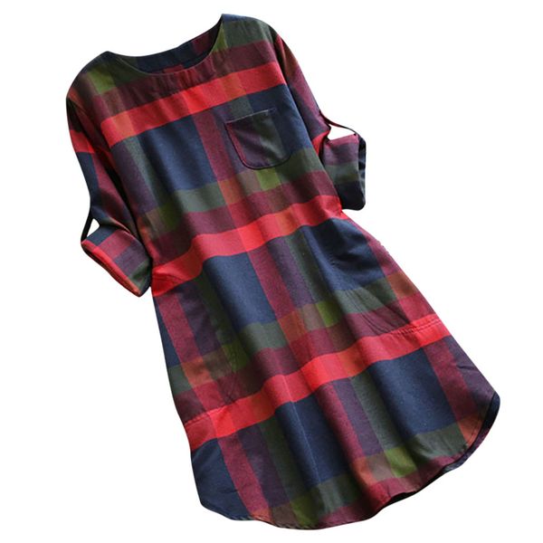 

casual summer dress women ladies plaid dress long sleeve loose pocket swing vintage mini girl 2019, Black;gray