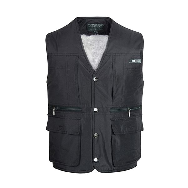 

fleece multi pocket men vest autumn winter male casual thick warm varsity waistcoat with many pockets padded sleeveless jacket, Black;white