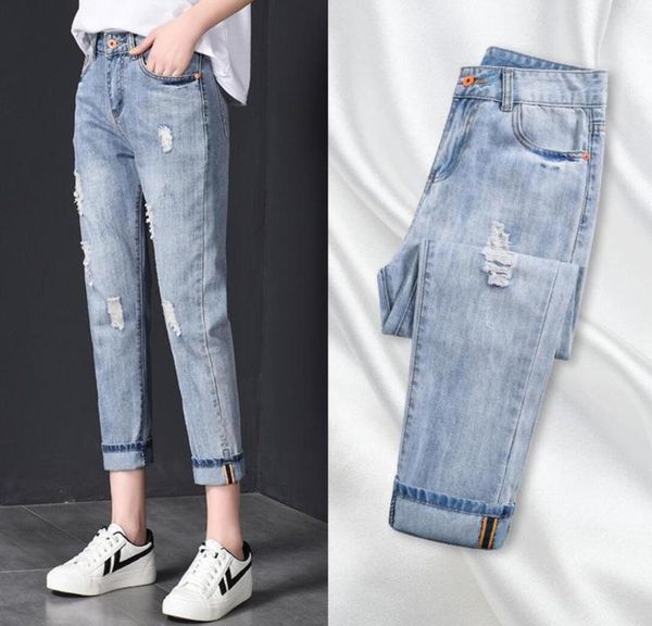 

отверстие джинсы девять очков брюки женские свободные джинсы 2020 весна новые дамы высокой талией брюки нищий женщина парней вакерос mujer с, Blue