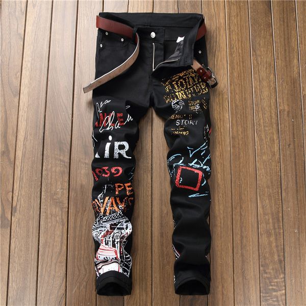 

letter print casual jeans pants men slim fit denim trousers jean joggers autumn 2019 men hip hop streetwear pant clothing wo080, Blue