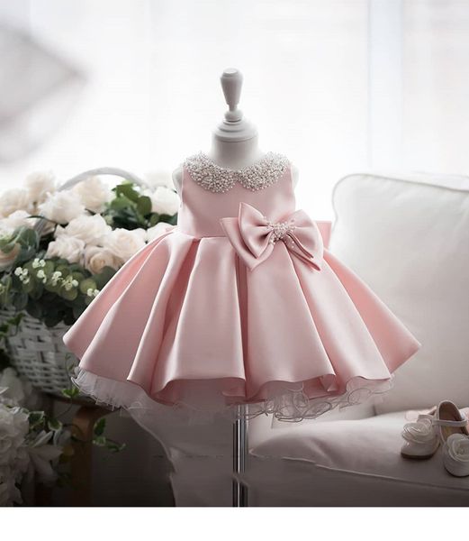 

2020 vintage flower girls' dresses pink baby infant toddler baptism clothes with big bow beaded lace tutu ball gowns birthday party dre, White;red