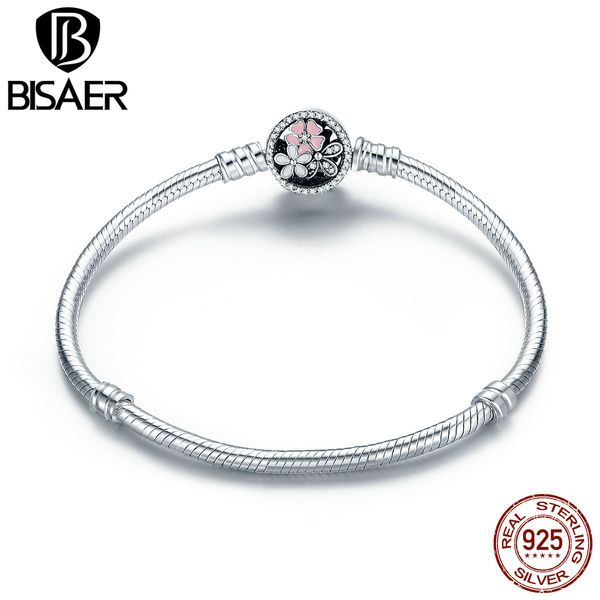 

bisaer 925 sterling silver pink flower poetic daisy cherry blossom basic chain bracelet for women fashion jewelry weus919, Golden;silver