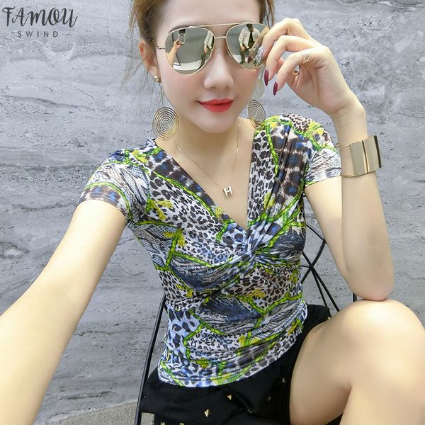 

european fashion leopard print v neck petal sleeve cross tshirt 2020 new summer women short sleeve shirt camiseta mujer green pink, White