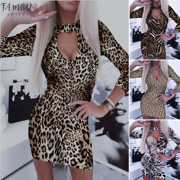 

women deep v-neck long sleeve bodycon mini dress ladies snake skin leopard print dress clubwear evening party short dresses, Black;gray