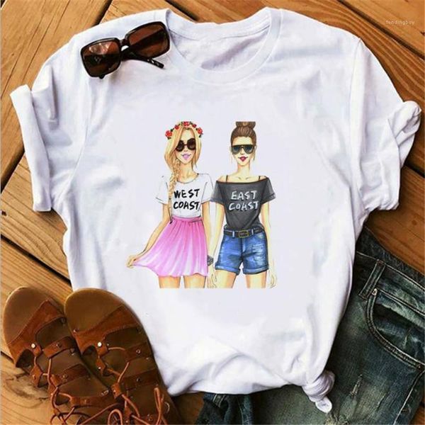 

мода famale тройники дамы cute cartoon girl printed tshirt сыпучие повседневный короткий рукав вокруг шеи, White