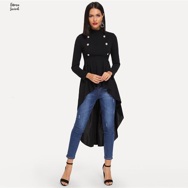 

mock blouses neck double breasted front hem elegant ruffle asymmetrical longline blouse women autumn black flared, White