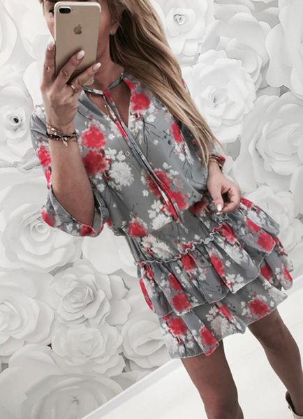 

sweet floral print ruffles short dress women summer v neck half sleeve beach mini dress female casual vintage sundress vestidos, Black;gray