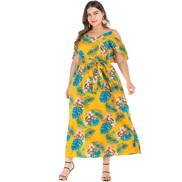 

new fashion women plus size dress leaves print cold shoulder summer dress v neck short sleeve bandage long loose yellow, Black;gray