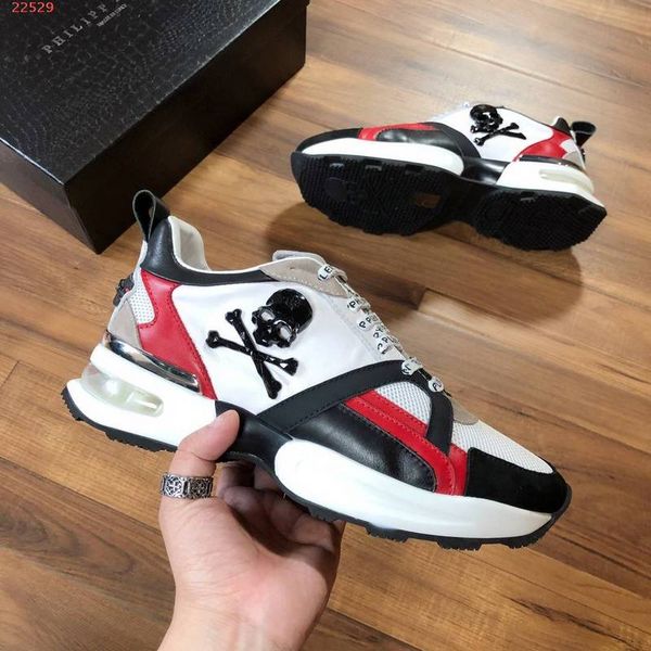 

classic skull desgin men's casual shoe real leather outdoor sports shoes men fashion lace up sneakers for man with box 38-45, Black