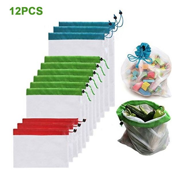 

12pcs/lot reusable mesh produce bags washable eco friendly bags for grocery shopping storage fruit vegetable toys sundries