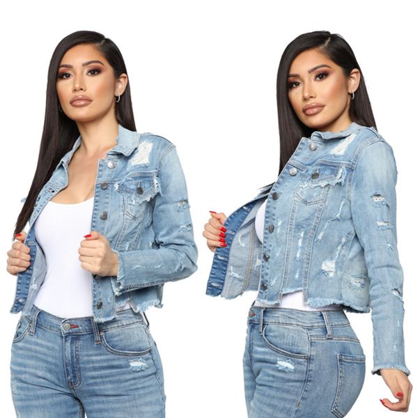 

women's fashion washed hole long sleeve denim jacket, Black;brown
