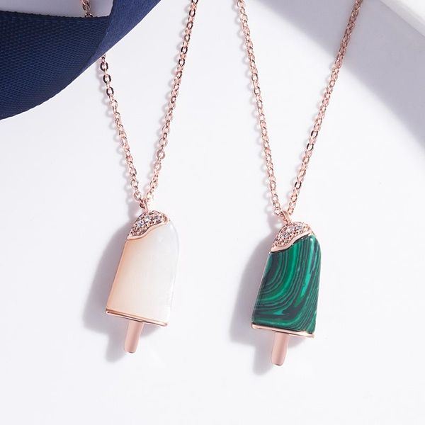

rose gold color titanium steel crystal green stone ice lolly natural mother shell pearl ice cream pendant necklace, Silver
